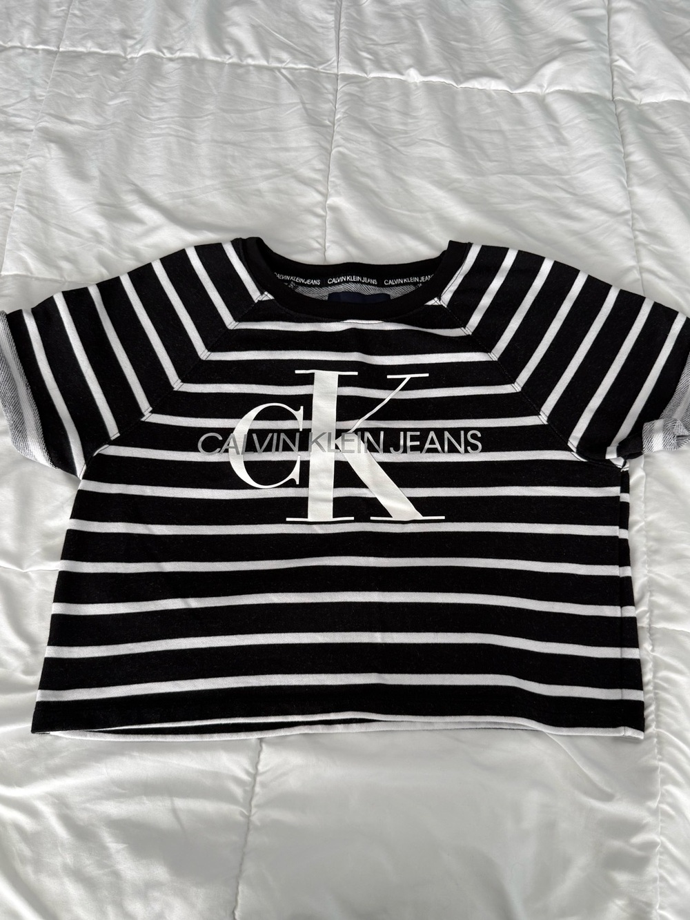 Calvin Klein Jeans Black & White Striped Crop Tee with CK Logo